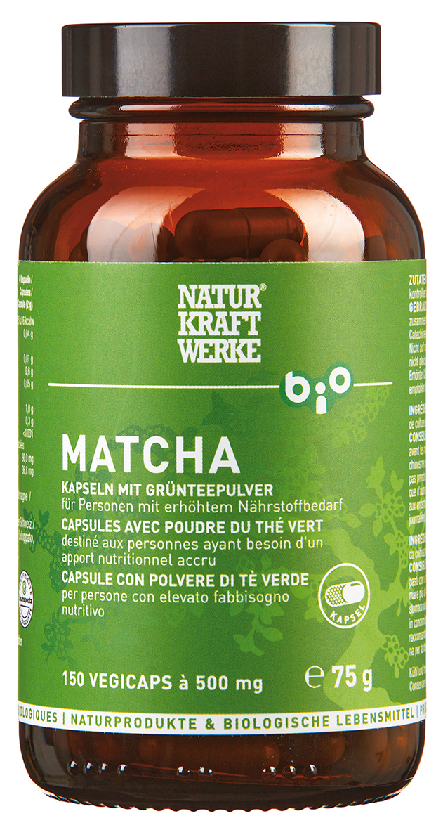 Matcha_Kapseln_75g_150Vegicaps_RGB Matcha 150 Vegicaps à 500 mg BIO/kbA