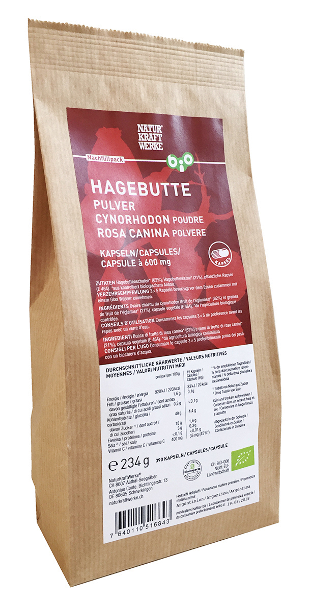 Hagebutte_390_Kapseln_NFP_RGB Hagebutte Pulver 390 Vegicaps à 600 mg Beutel BIO/kbA